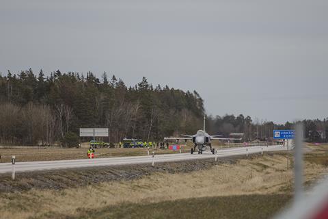 Saab Gripen landing on highway 2 Royal Swedish Air Force